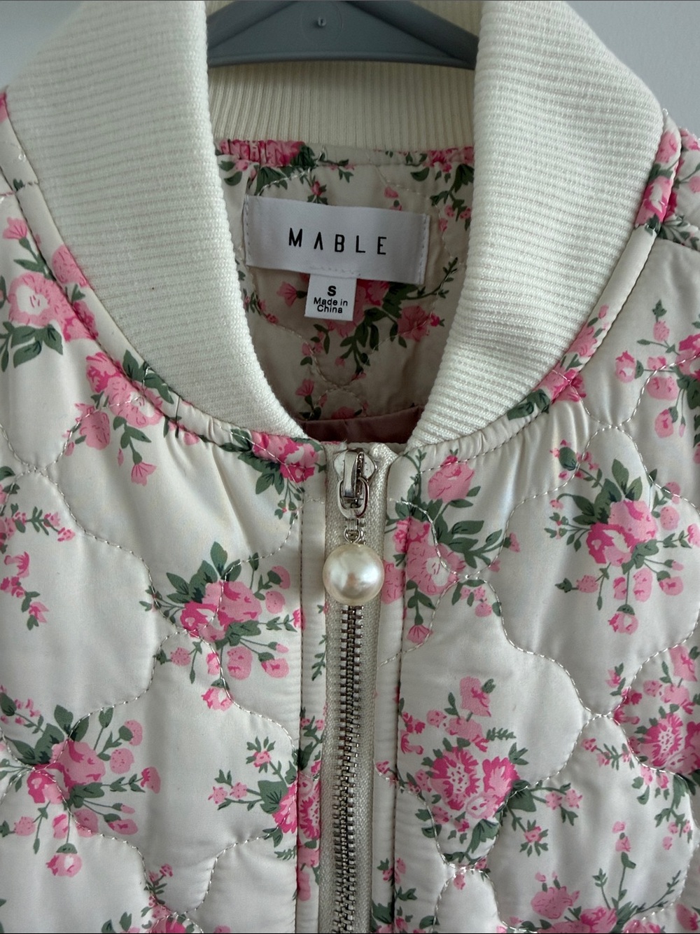 Floral Quilted Bomber Jacket - Pink on Cream - Picture 3 of 5